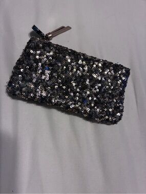 LOFT Black and Silver Sequin Wristlet Clutch